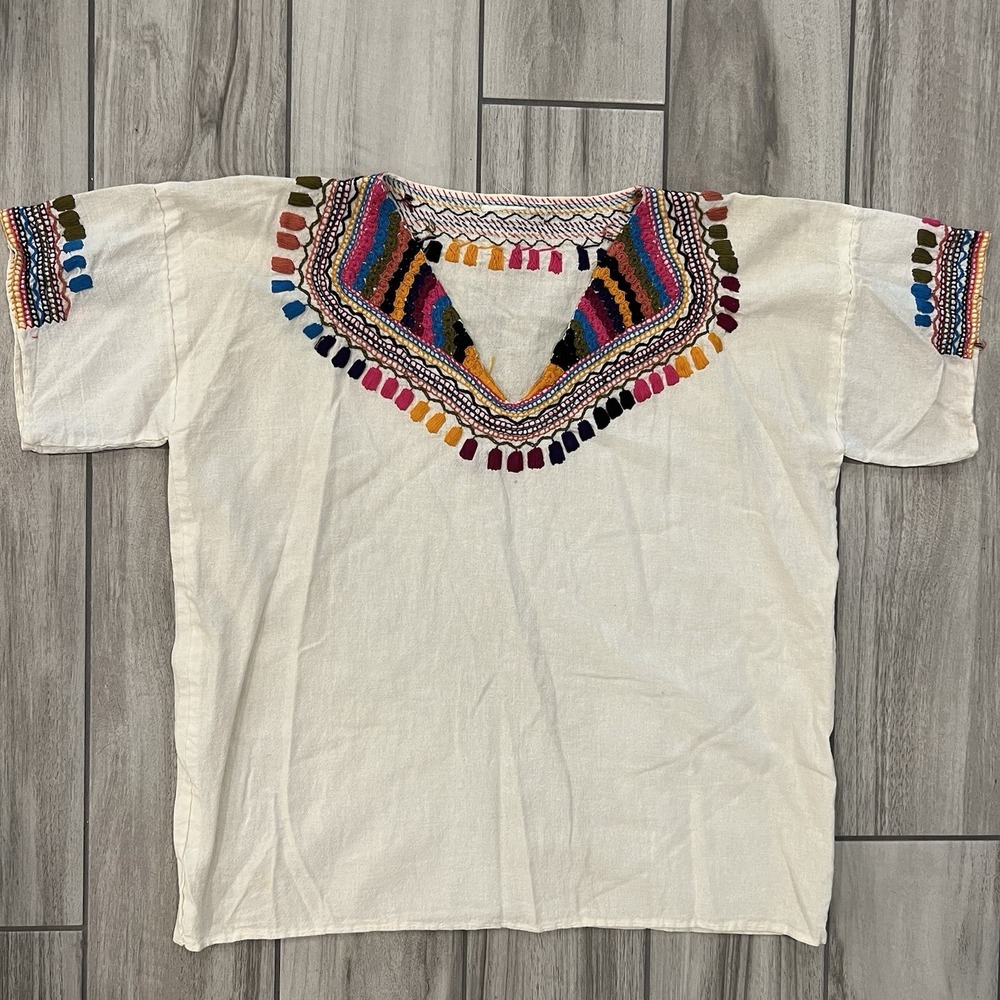 Mexican Blouse Top Shirt Embroidered Chiapas Off-White Medium